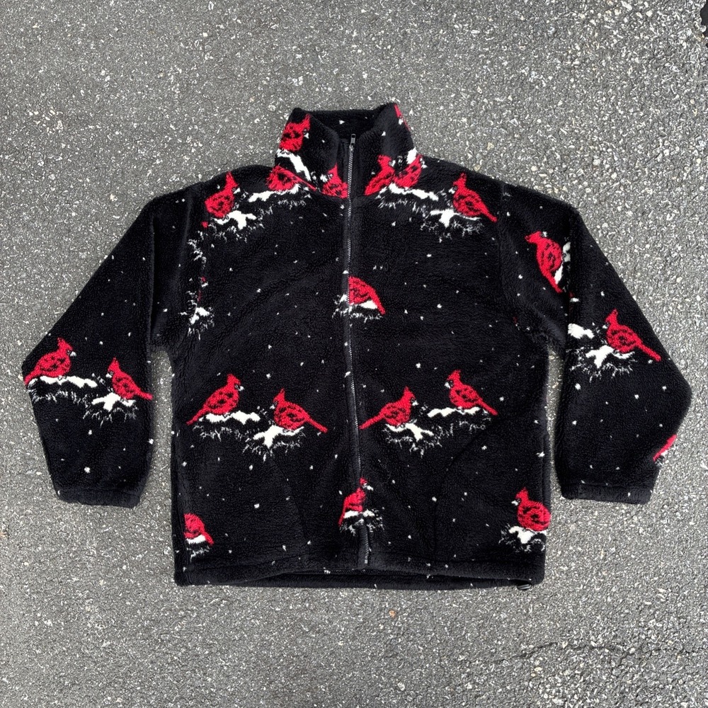 Black Mountain Fleece Red Robin Motif Jacket Men's XL Black Streetwear Zip Up